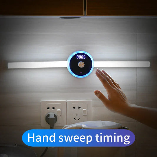 Multifunctional LED cabinet light with clock, motion sensor, and versatile features for home and office organization
