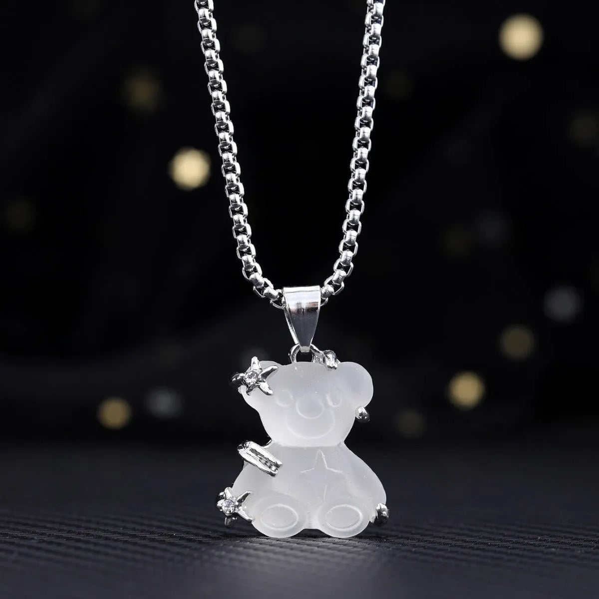 Cute little bear pendant necklace with white K-color finish and lock chain in alloy and titanium steel