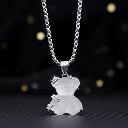 Cute little bear pendant necklace with white K-color finish and lock chain in alloy and titanium steel