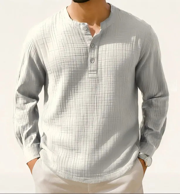 Slim fit long sleeve shirt with round neck and 3/4 sleeves in linen-style fabric