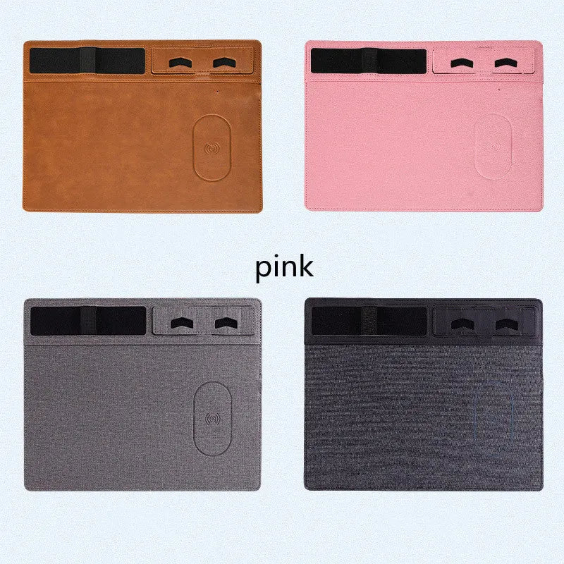 PU leather wireless charging mouse pad with phone holder in black, brown, grey, or pink colours