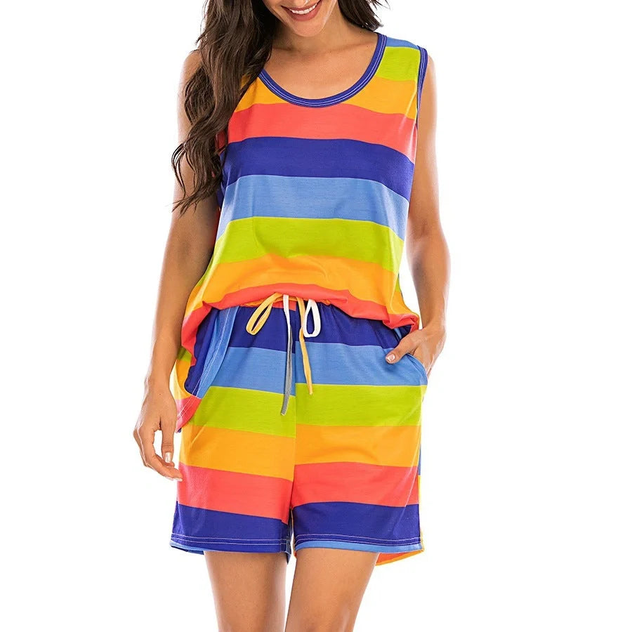 Women's rainbow stripes short sleeve pajama set for comfortable night lounging