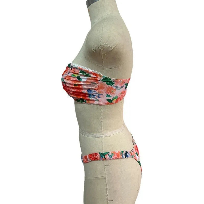 Floral lace detail European style bikini set in polyester fibre with tube top design