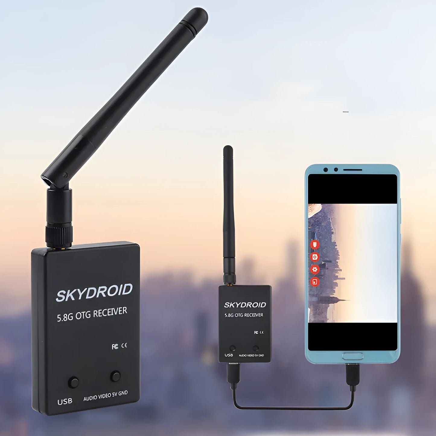 Yunzhuo UVC 5.8G glasses video capture receiver for drones in black and white with antenna.