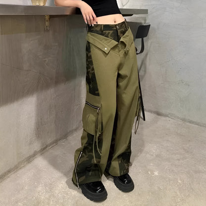 Women's dark khaki high waist jeans with leopard print and contrast stitching detail