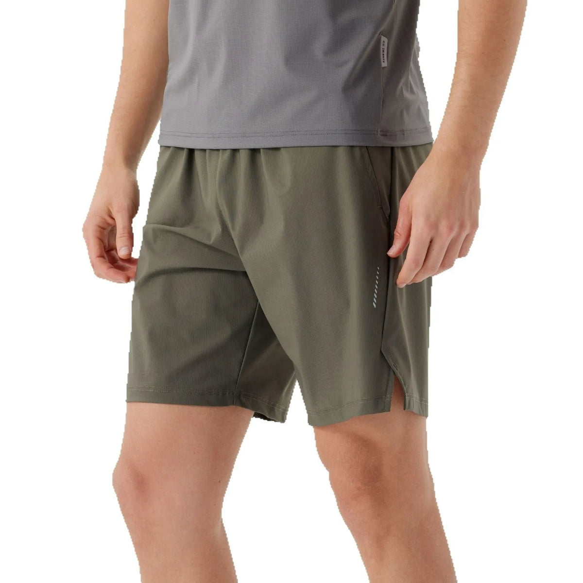 Men's black nylon sports shorts with mid-waist, shown flat.