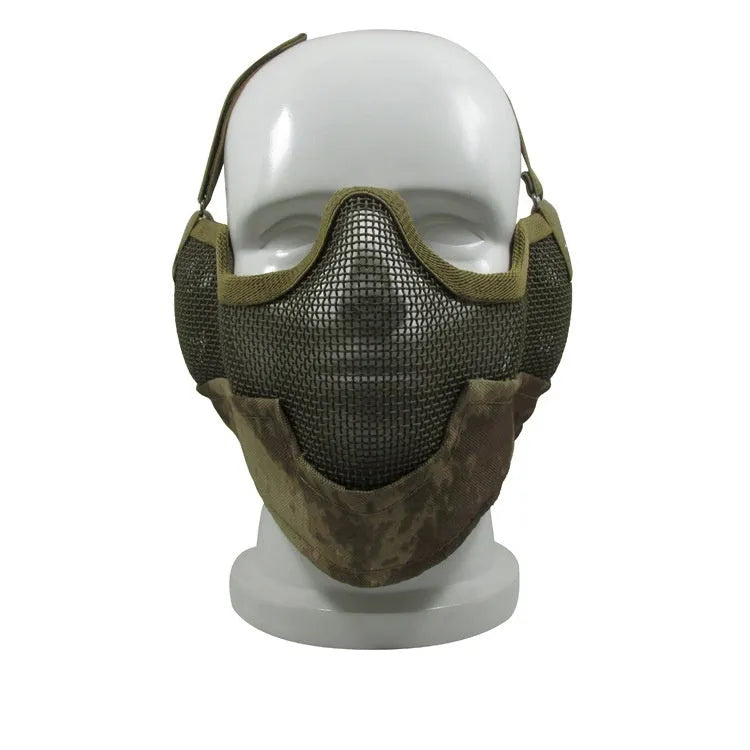 Carbon steel net protective face mask in camouflage pattern for outdoor field use.