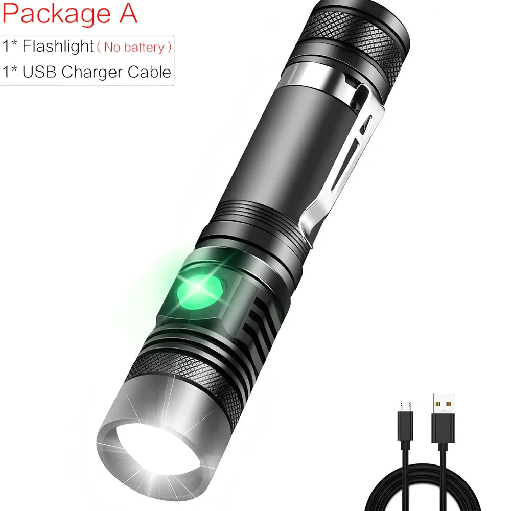 Black WT518 T6 LED flashlight with zoomable head and clicky switch, showing compact 15cm aluminium body