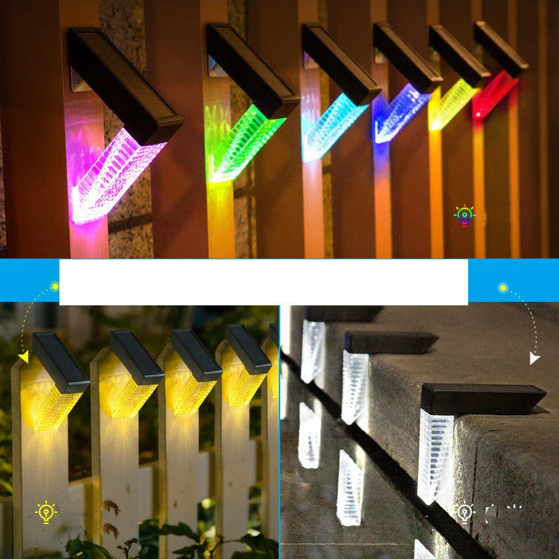 Waterproof solar-powered deck lights illuminating outdoor stairs, fence, and garden with warm, inviting glow
