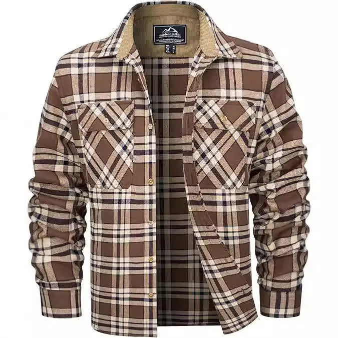 Men's polyester flannel button shirt in plaid pattern showing colour options and button-front design