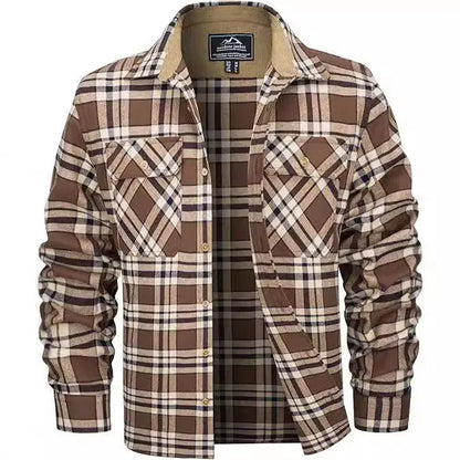 Men's polyester flannel button shirt in plaid pattern showing colour options and button-front design