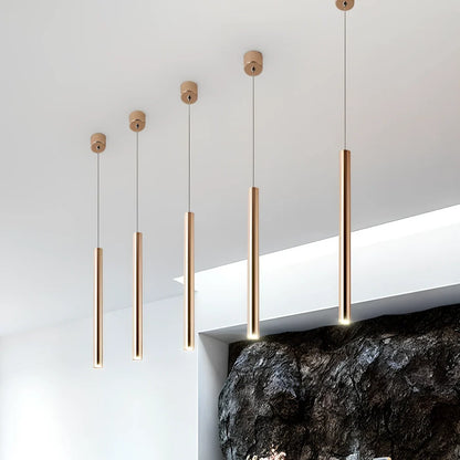 Gold cylindrical chandelier with iron construction and PMMA lampshade in multiple size options from 3.2x30cm to 6x80cm
