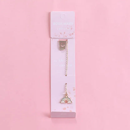 Alloy metal cartoon pendant bookmark with colourful charms including panda, rocket, and wishing bottle designs