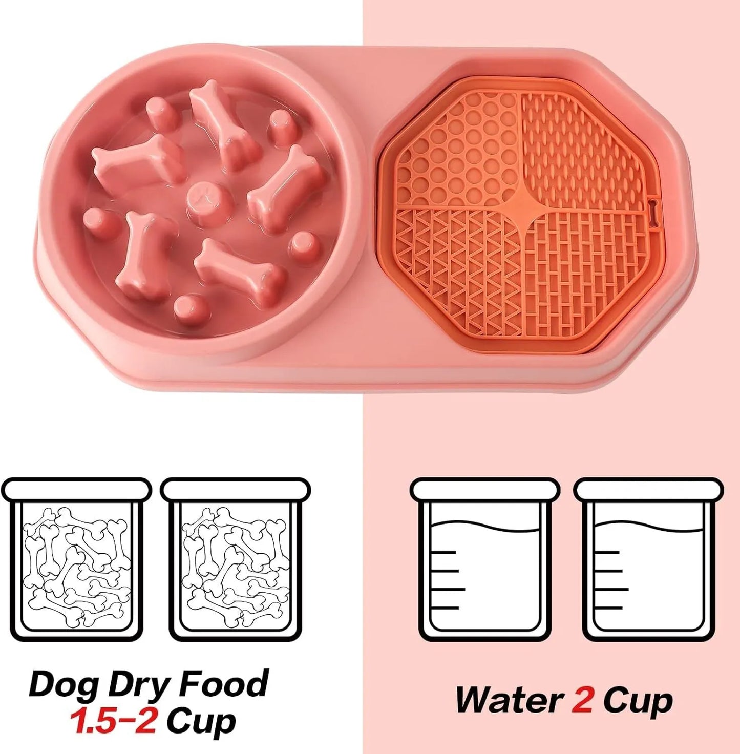 Blue slow feeder dog bowl with maze pattern and non-slip base, shown with dry kibble.