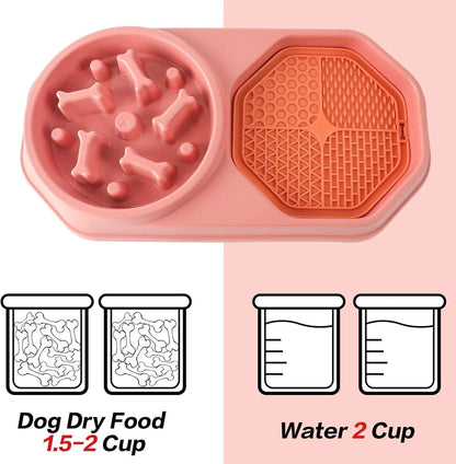 Blue slow feeder dog bowl with maze pattern and non-slip base, shown with dry kibble.