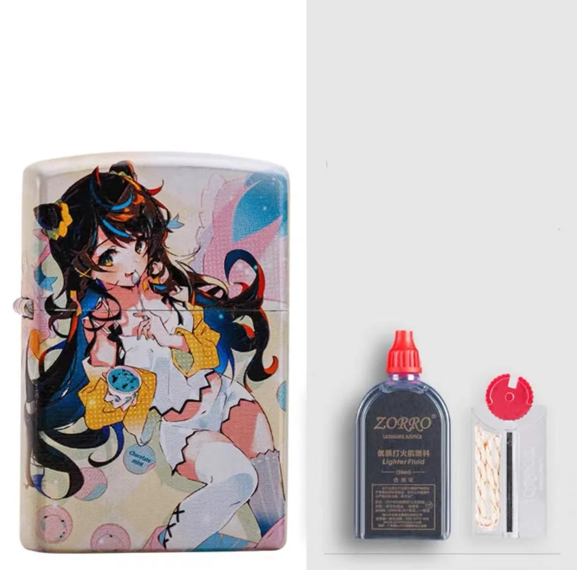 Windproof kerosene lighter with grinding wheel, pure copper case, shown with artistic design options.