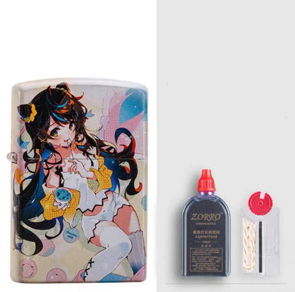 Windproof kerosene lighter with grinding wheel, pure copper case, shown with artistic design options.