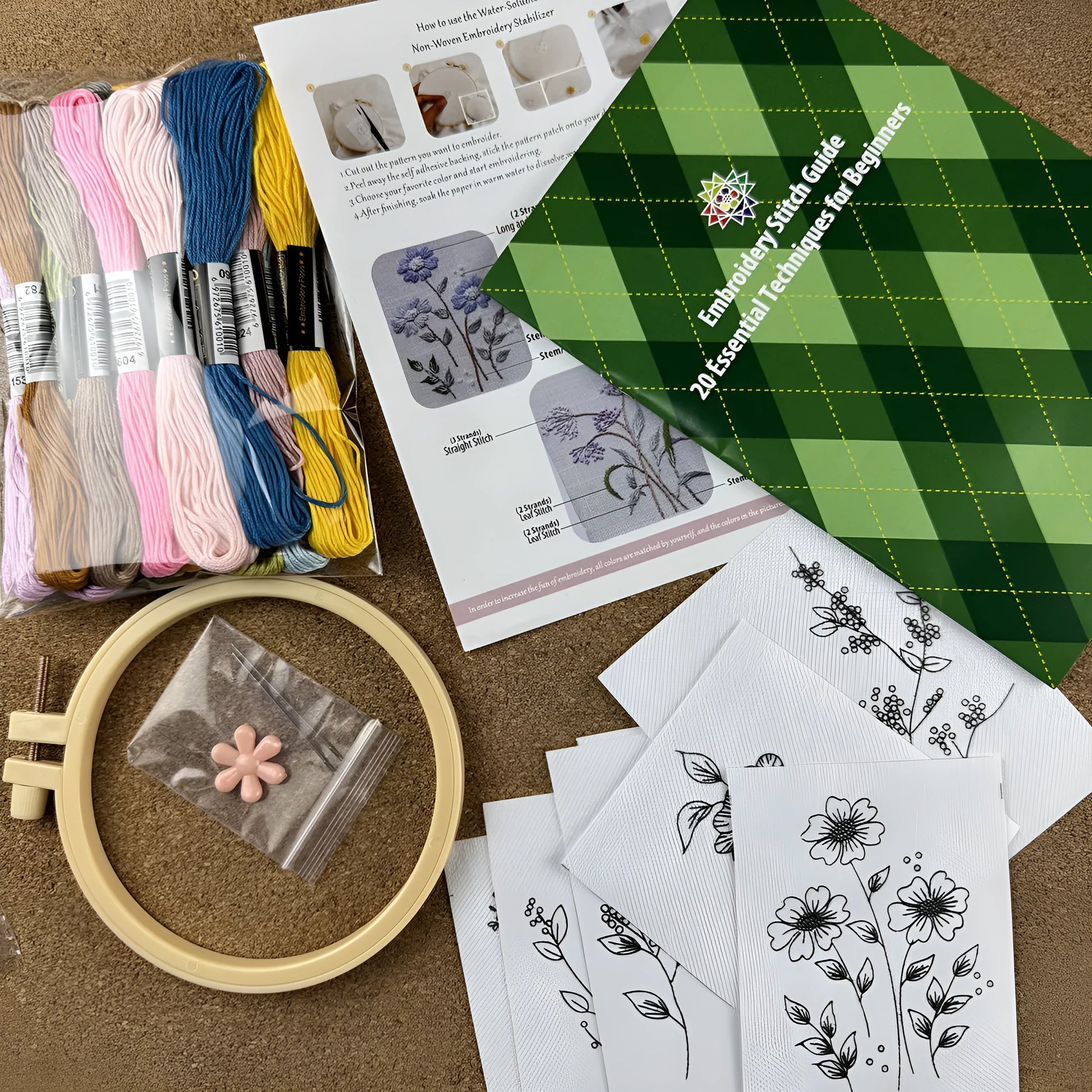 Nordic style beginner embroidery package with water-soluble fabric measuring 18.5x23x2cm