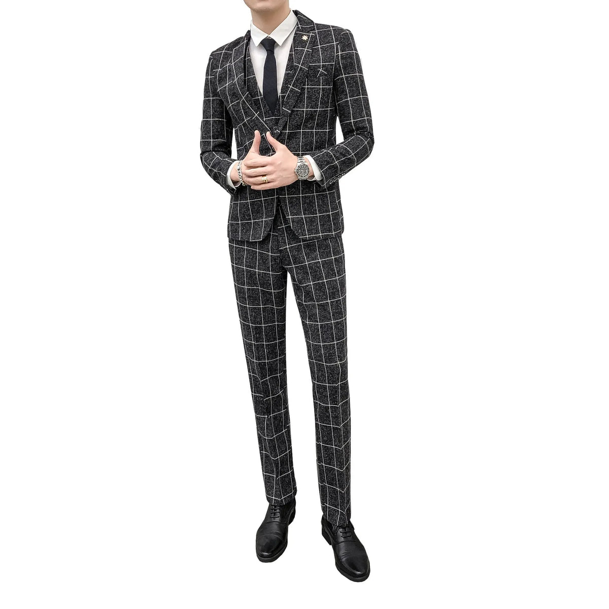 Men's slim fit plaid three-piece suit in chemical fibre viscose blend, available in khaki black dark blue grey