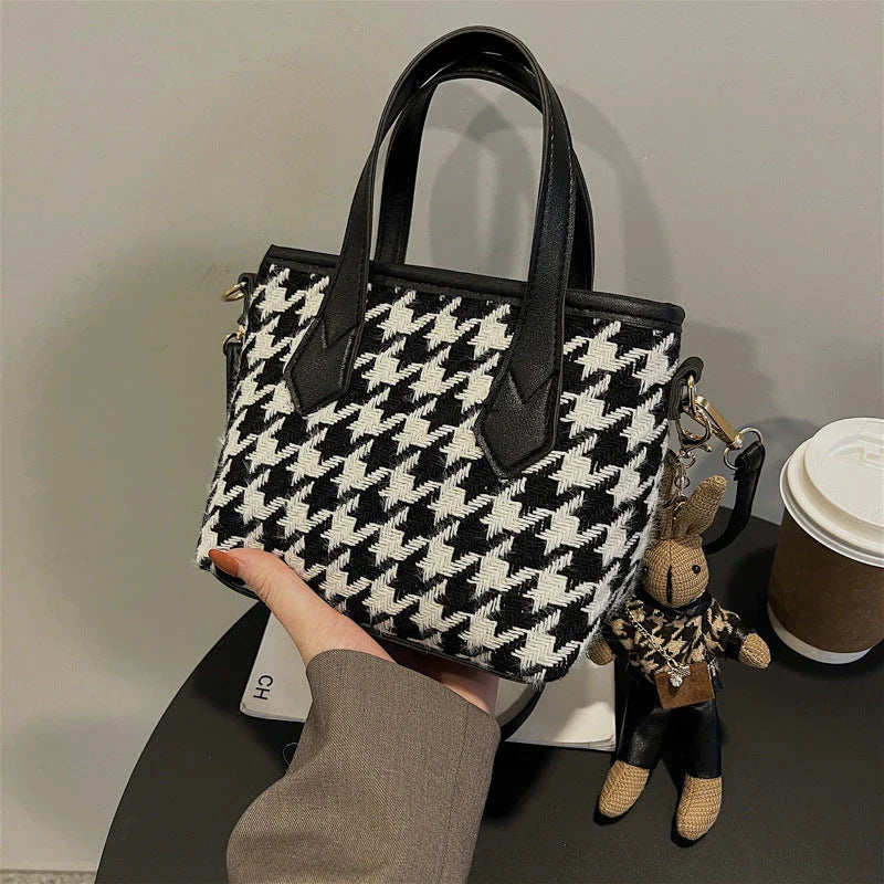 Premium houndstooth and plaid crossbody bags with stylish patterns, comfortable wool material, and versatile design