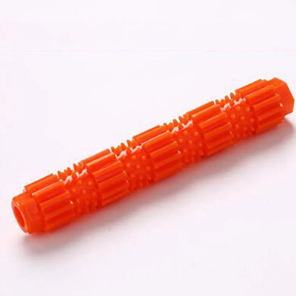 Green and orange rubber dog chew toy with treat dispensing compartment for aggressive chewing dogs