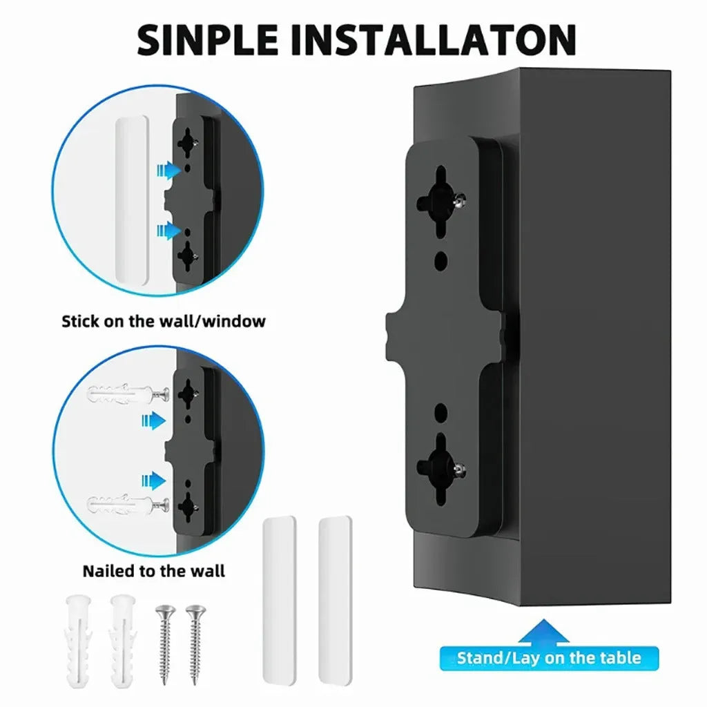 Black plastic digital TV antenna measuring 18cm by 16cm by 7cm with mounting accessories including expansion tubes and adhesive tape