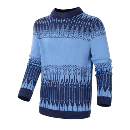 Men's knitted crew neck pullover sweater with long sleeves shown in multiple sizes