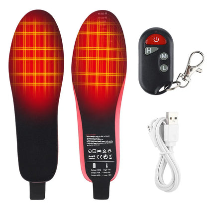 Rechargeable heated boot insoles with remote control and cable, shown on a white background.