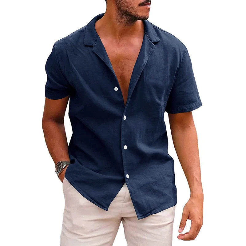 Men's linen-cotton blend short sleeve button down shirt in various colours