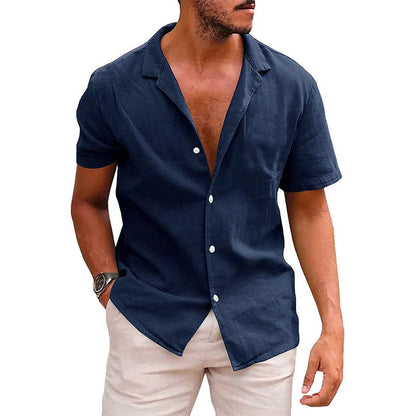 Men's linen-cotton blend short sleeve button down shirt in various colours