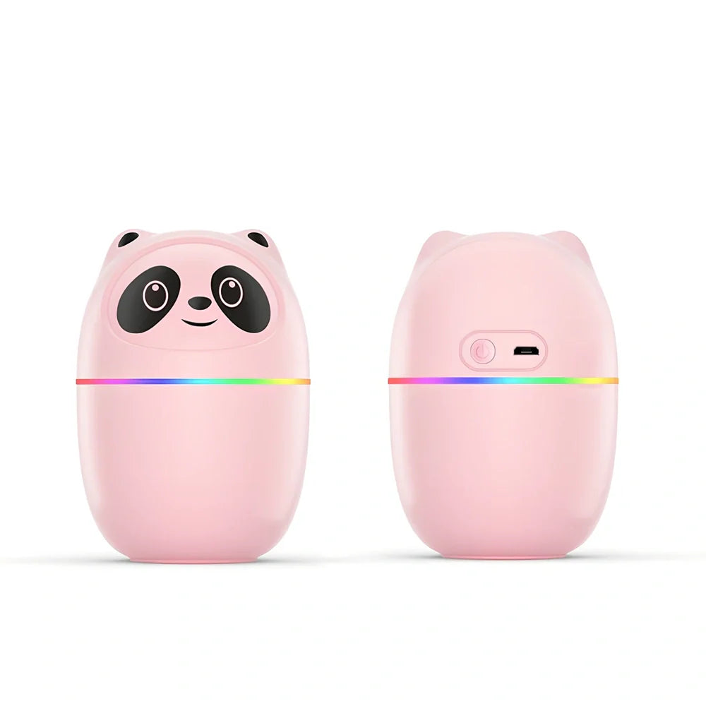 White USB mini humidifier on desk emitting mist with night light glow, 75x75x116mm size for office aromatherapy