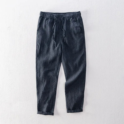 Men's straight linen trousers in four colour options showing mid waist and straight-leg cut