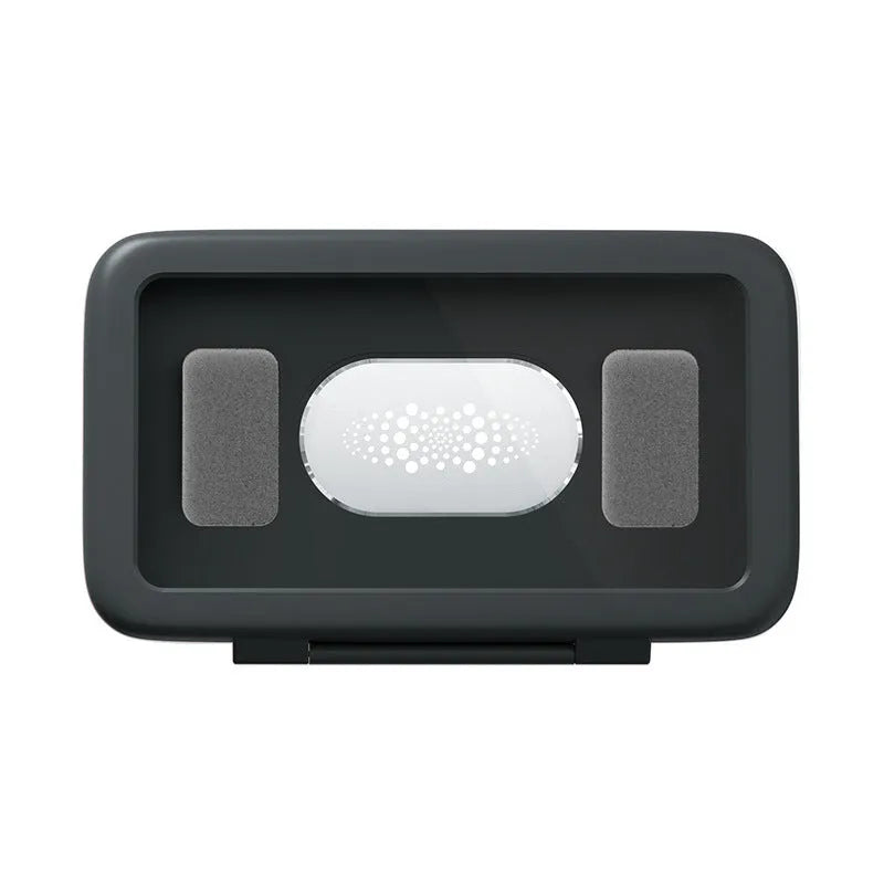 White waterproof phone holder mounted on tile with phone visible through anti-fog window showing music app
