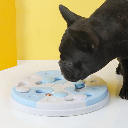 Blue and white jigsaw puzzle dog feeder tray made from PP with separate food compartments