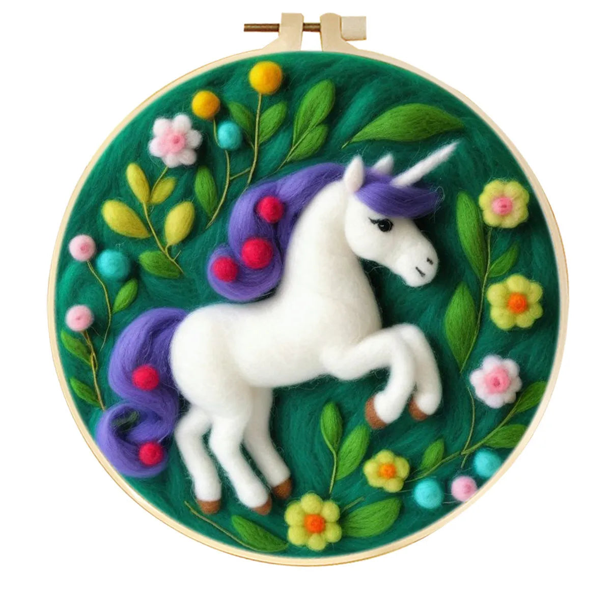 Round three-dimensional embroidery kit with linen fabric, wool felt pieces, and embroidery frame for 20x20 cm blanket painting