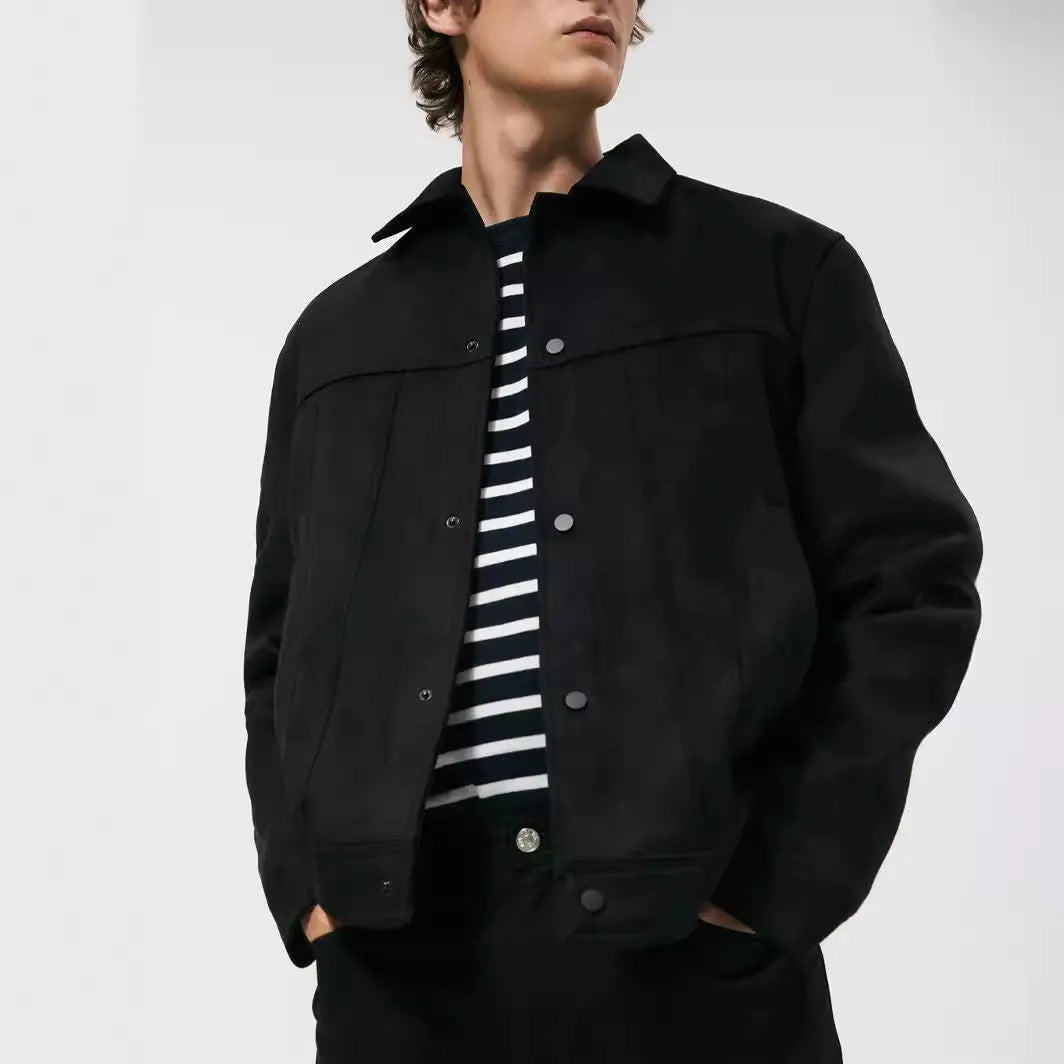 Black men's hooded jacket with a suede collar, loose long sleeves, and side seam pockets.