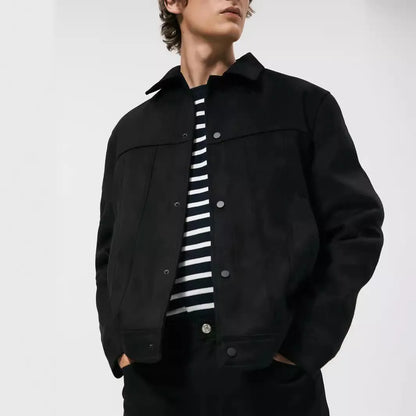 Black men's hooded jacket with a suede collar, loose long sleeves, and side seam pockets.