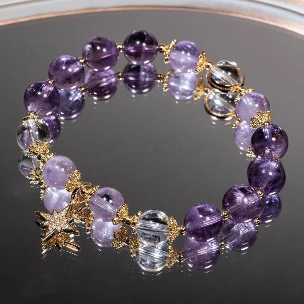 Handmade eight Awn star purple amethyst bracelet with animal zodiac design in gift box