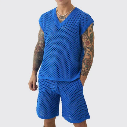 Men's blue V-neck sleeveless knitted vest and matching shorts sports suit on a hanger.