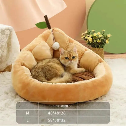 Cotton-filled cat bed house kennel in coffee or green colour showing three size options