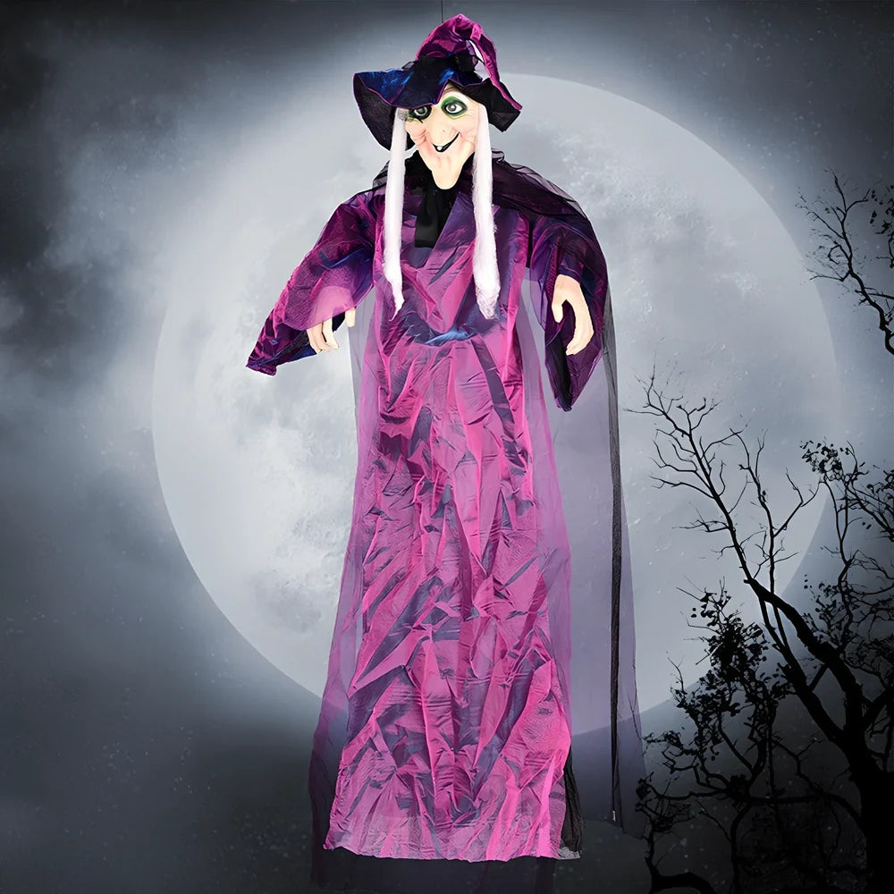 120cm black voice-activated electric witch prop with purple option for Halloween decorations, polyester material