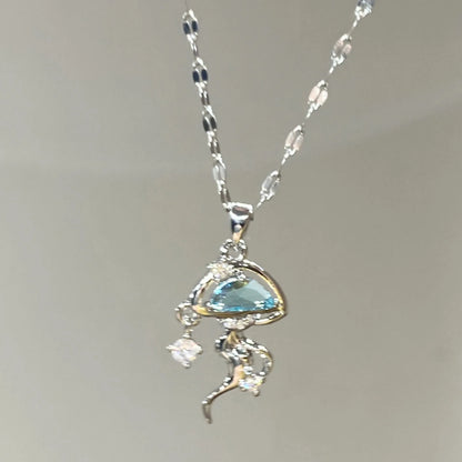 S925 sterling silver blue jellyfish necklace with adjustable chain on white background