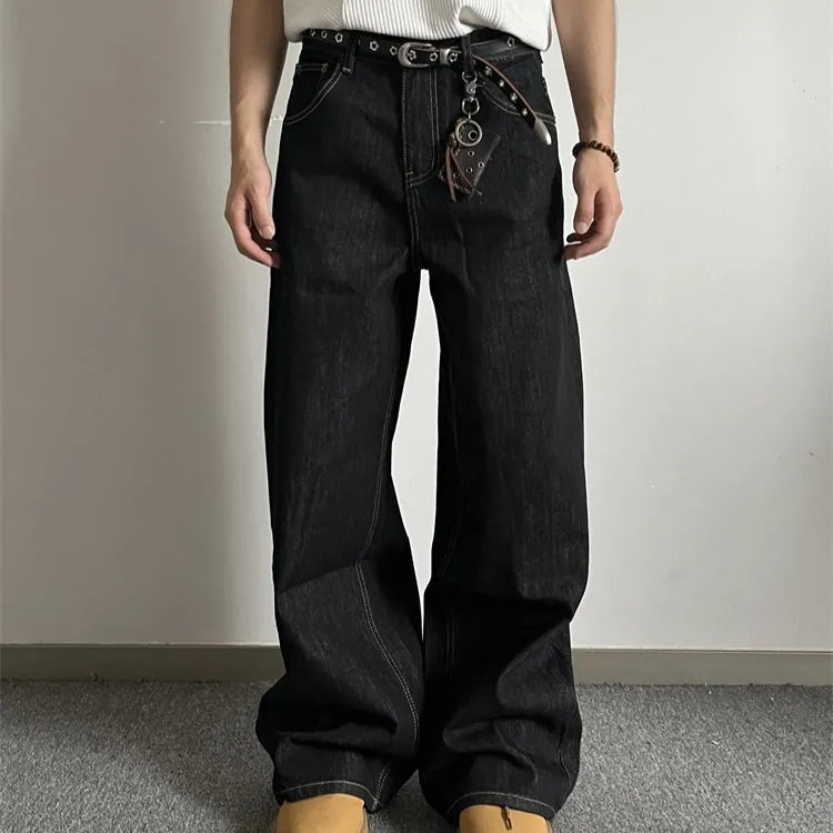 Black retro loose wide-leg jeans with straight-leg design and mid-rise waist