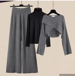 Women's 3-piece knitted sweater suit with shirt and wide-leg pants in grey and white