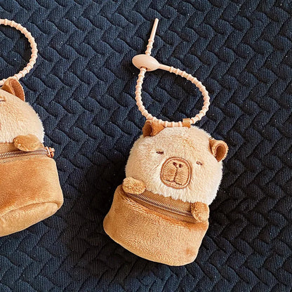Brown plush animal coin purse and earphone bag with embroidery for daily matching