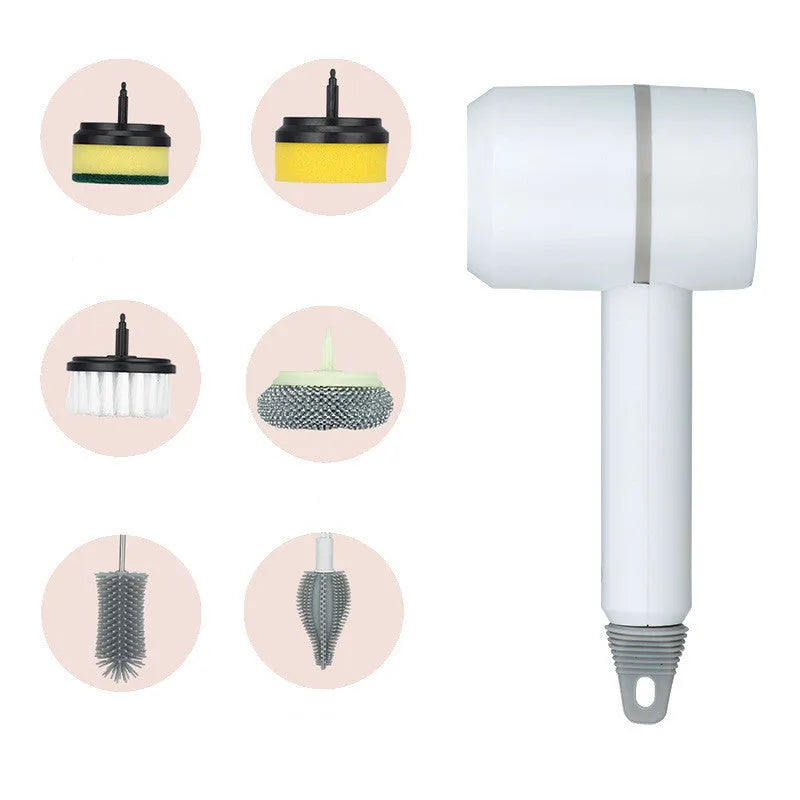 Green electric cleaning brush with multiple brush heads on a kitchen worktop.