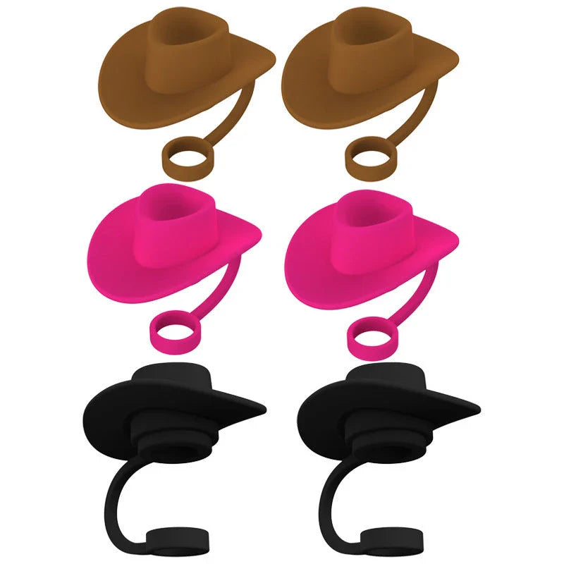 Stylish cowboy hat-shaped straw covers made of food-grade silicone in vibrant macaroon colors for protecting and decorating drinks