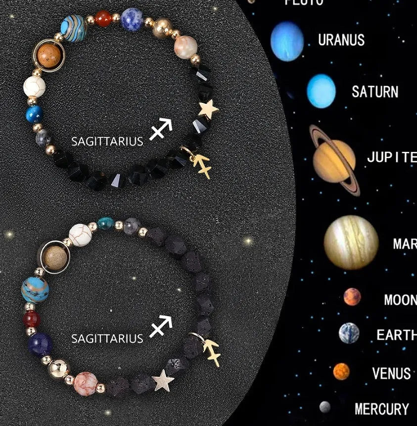Two natural stone zodiac sign bracelets with adjustable cords showing hand-strung bead designs