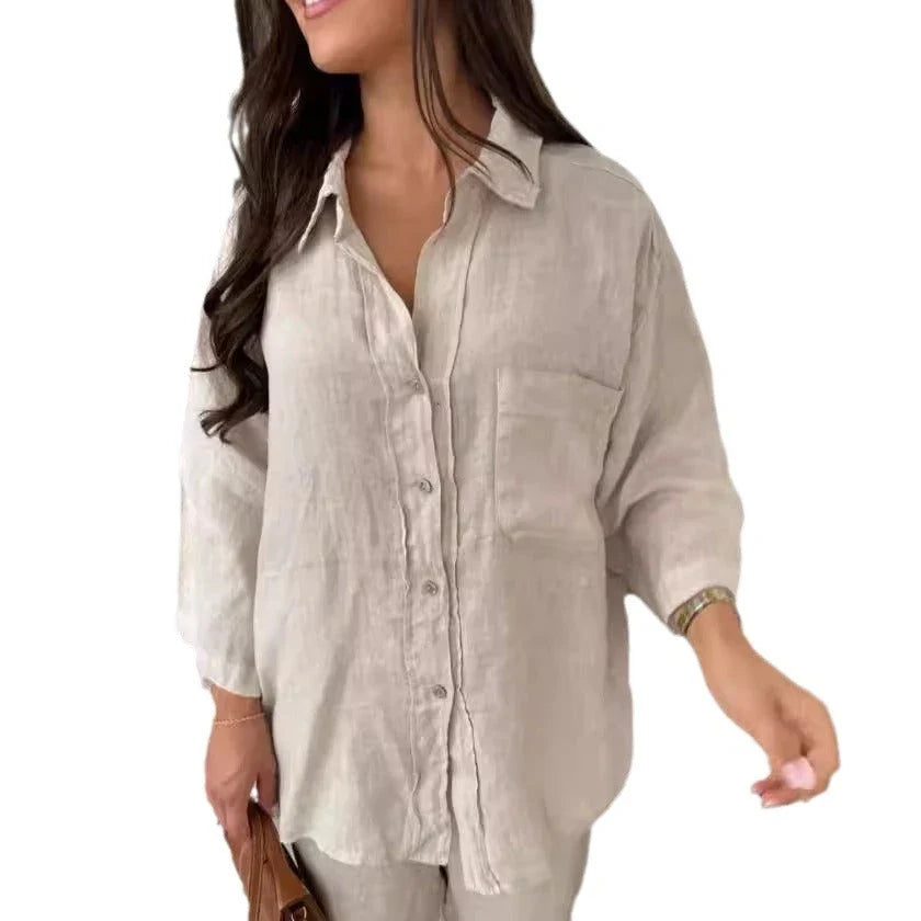 Stylish polyester wide-leg pants and long-sleeve shirt set in a variety of colors including beige, black, orange red, army green, and khaki