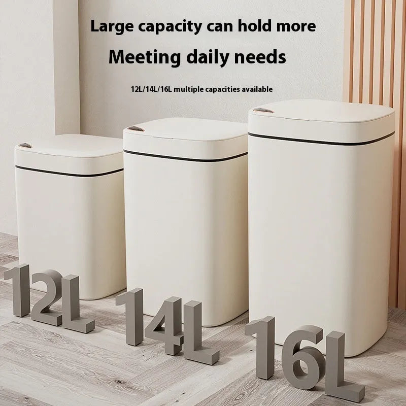 Square automatic induction garbage bin with sensor opening lid in milky white colour variant
